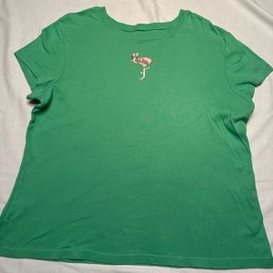 Talbots. Green T Shirt with pink sequin flamingo.